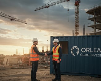two men shaking hands in front of a container container