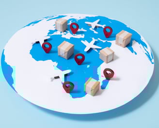 Map with airplanes, pins, and packages highlighting global sourcing and international supply chain r