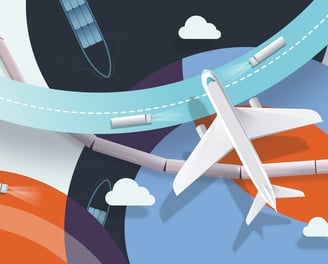 Illustration of airplanes and cargo routes representing fast and timely global delivery services