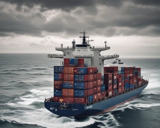 Several stacked shipping containers, predominantly showcasing the brands 'CMA CGM' on blue containers and 'EVERGREEN' on green containers. Below the containers is a blue and white sign with Asian characters.