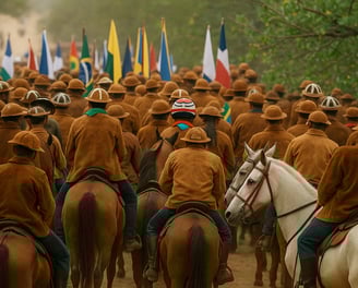 Grupo de vaqueiros a cavalo com trajes tradicionais marchando com bandeiras em procissão rural