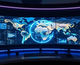 a large screen with multiple screens displaying a map of the world