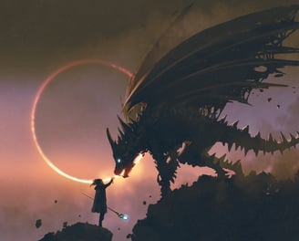 Image of wizard speaking to a dragon.