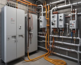 A man wearing a blue cap is working in a utility room, handling electrical wiring and a control panel. He stands on a step stool, focusing intently on the task. The background features various pipes, electrical conduits, and panels.