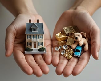 Hands holding house and heirlooms, symbolizing protection of assets through a pour-over will.