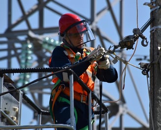 a man in a safety vest is working on a power line