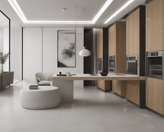 An interior architectural design featuring a large skylight with blue-tinted glass panels. The structure is characterized by smooth, curved wooden elements that create a modern and elegant aesthetic. The lighting is soft and focused, creating contrasting shadows and a warm ambiance.