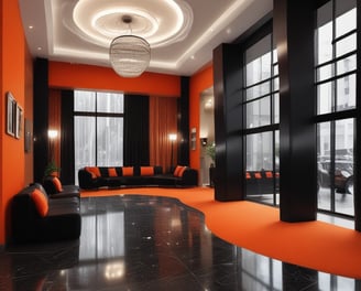 A spacious modern interior features a high ceiling with numerous vertical rectangular light openings. The walls have a dark brown tone, creating a sophisticated and minimalist ambiance. The room is furnished with organized rows of plush armchairs and sofas, predominantly in white and soft taupe colors, complemented by metallic side tables. The arrangement reflects a balance between luxury and minimalism.