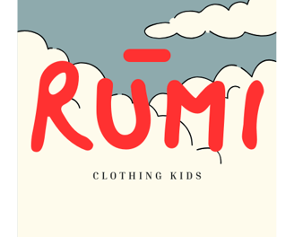 RŪMI Kidswear dengan teks merah bergaya playful dan latar awan ilustratif.