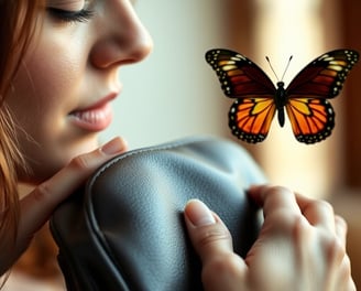 a woman holding a purse and a butterfly