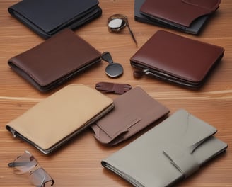 a bunch of wallets and sunglasses on a table by Herosleather HN
