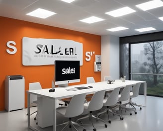 A dimly lit room features a prominent illuminated sign displaying the words 'Sysco LABS.' Below the sign are office desks with various electronic devices, including laptops and cables. The lighting creates a cool and professional atmosphere.