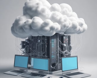 A visualization of a data storage system featuring a main server unit connected to a series of cylindrical storage units. The server has multiple horizontal rows, each with indicators. The background is black, providing a strong contrast to the metallic and green tones of the server and storage units.