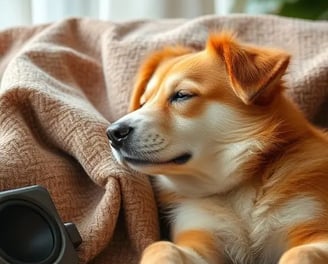 A doc resting and relaxing on a blanket. A speaker next to him is playing some relaxing music.