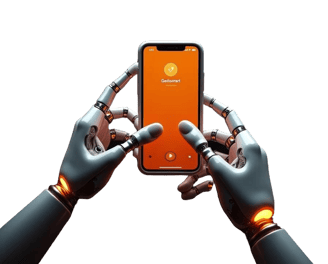 Manos robóticas sosteniendo un móvil con el logo GestioSmart, representando chatbots y automatizació