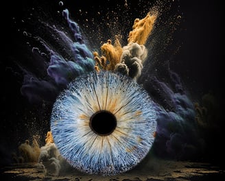 Tableau de photo d'iris d'un oeil bleu avec éclat poussière en pyramide