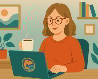 a woman sitting at a desk with a cup of coffee