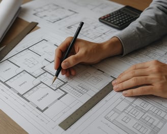 Architect drawing floor plans with pencil and ruler, architectural blueprints and calculator visible