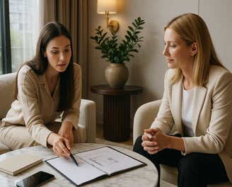 Interior design consultation, two women discussing floor plans in a modern, well-lit living room.