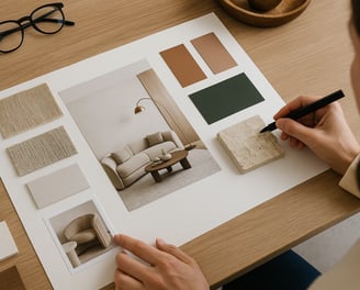 Interior design mood board with fabric swatches, color samples, and modern living room photos.