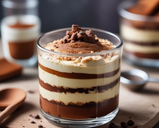A slice of tiramisu sits on a dark plate on a wooden table, accompanied by a tall glass of iced coffee topped with foam. Above, a vintage-style bulb in a caged light fixture casts a warm glow against a textured stone wall. The setting conveys a cozy and inviting café atmosphere.