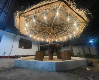 a thatched umbrella with lights on it