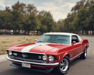 A vintage car is undergoing restoration in an industrial garage setting. The front of the car is stripped to bare metal, showing signs of sanding and preparation work. The environment is dimly lit with scattered tools and equipment visible in the background.