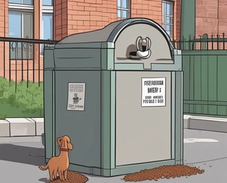 A red outdoor waste bin situated on a grassy area, with a black plastic bag lining the top. The bin features a sign illustrating a person disposing of waste alongside a dog, indicating it is for dog waste. The background is slightly blurred, showing green trees and a blue sky.