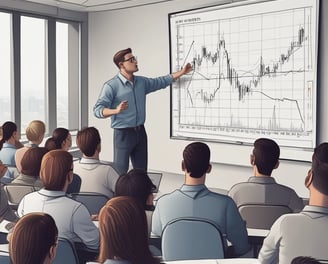 A tablet displaying a detailed digital financial trading interface with various graphs, charts, and numerical data. The screen shows candlestick charts with green and red indicators, illustrating market trends and stock prices.