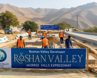 a group of people standing around a sign that says roshan valley valley