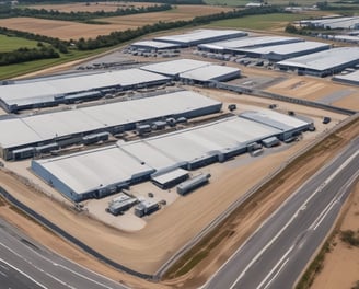 Aerial view of a large industrial complex featuring extensive warehouses with flat and pitched roofs. Numerous trucks and vehicles are parked around the complex, indicating logistics or manufacturing activities. Surrounding the industrial area are green fields and smaller buildings, with roads connecting different sections of the site. The atmosphere appears clear, with farmlands visible in the distance.