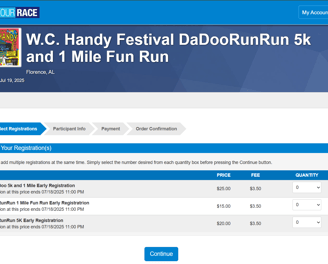 screenshot of a customr registration page setup by Race Ready Events