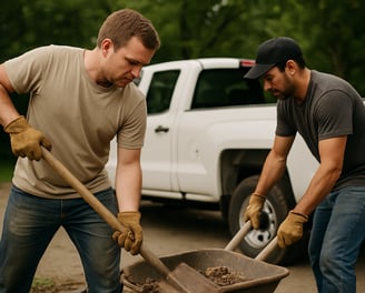 Two men doing manual labor in front of a truck. 