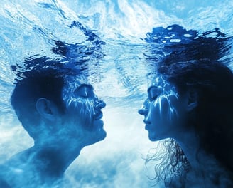 a man and woman in the water with their heads together