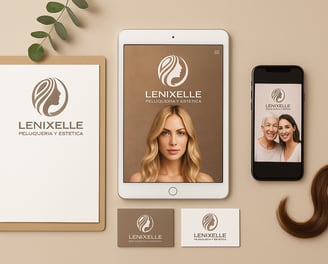 Sistema gráfico completo de Lenixelle: logotipo, naming y coherencia visual aplicada a materiales