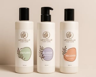 Composición horizontal con productos Lenixelle Hair Care que muestra coherencia visual