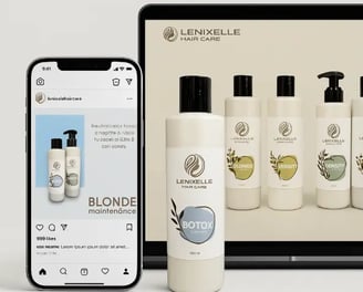 Mockup que muestra un frasco de producto Lenixelle y la tienda online visible en un smartphone