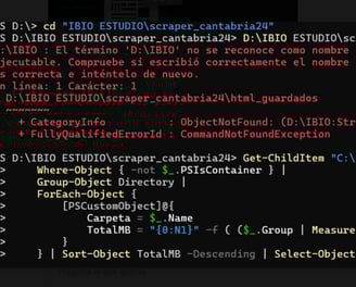 Ejecución del scraper en PowerShell con control por bloques durante el proceso de extracción.
