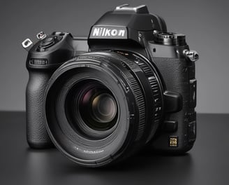 A high-quality digital camera with a large lens is placed against a dark background. The camera body features several control dials and buttons, along with clear branding. The lens appears to be a professional-grade, emphasizing optical precision.