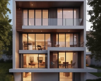 A modern architectural design featuring a series of large glass panels set in a geometric pattern. The structure includes strong lines and angular shapes, creating an expansive and airy space with natural light streaming through the transparent ceiling.