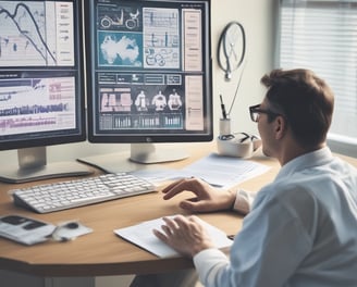 A computer screen displays a financial dashboard with stock market data, including indices like S&P 500 and NASDAQ, along with commodities like gold prices. A red line graph shows a declining trend, indicating negative market performance.