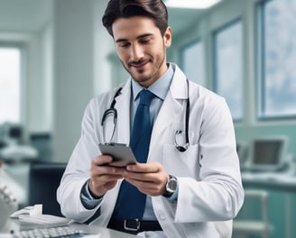 Hands typing on a laptop with a stethoscope resting on the wooden table beside it. The setting suggests a work environment that combines technology with healthcare.