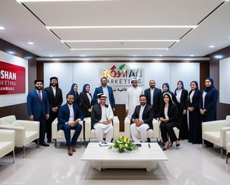 a group of people standing in a room with a table and chairs