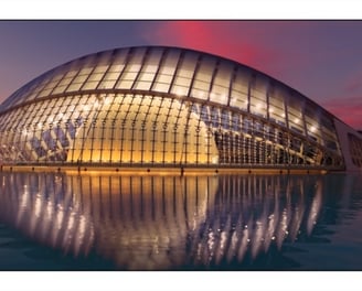 Hemispheric sunset, City of Arts and Sciences, Valencia, Spain, photography by Philip Preston.