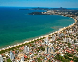 a cityscape of a beach with a view of the ocean