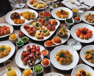 a table with plates of food and drinks