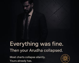 “Dark cinematic image of a man in a suit standing in shadow beside a cracked Vedic astrology chart.