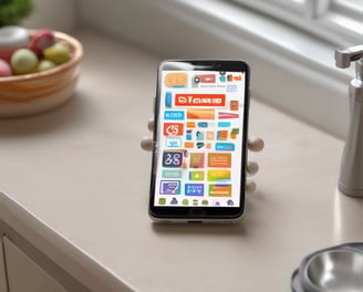 A modern smartphone displaying a shopping app with a focus on winter savings offers, set against a kitchen background. The smartphone screen shows an app interface with search options and promotional content. Sunlight is filtering through large windows, casting reflections on a dark kitchen countertop.