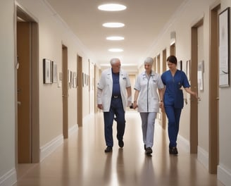 A large hospital ward filled with beds, where several patients are either sitting or lying down. Two nurses in white uniforms are standing to the right, attending to patients. The room is decorated with garlands and paper lanterns, suggesting a festive or ceremonial atmosphere.