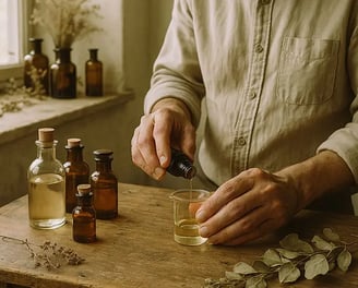 Man mixing essential oils on a wood table